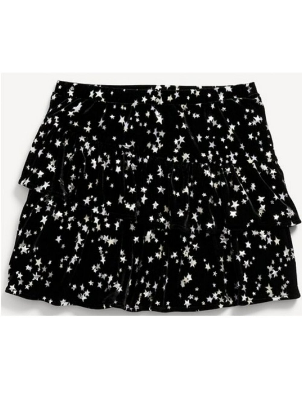 NWT. OLD NAVY Girls Tiered Ruffled Velvet Skirt with Silver Stars